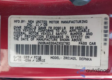 2010 Toyota Corolla Xle z USA, uszkodzony, nr VIN 1NXBU4EE6AZ302780